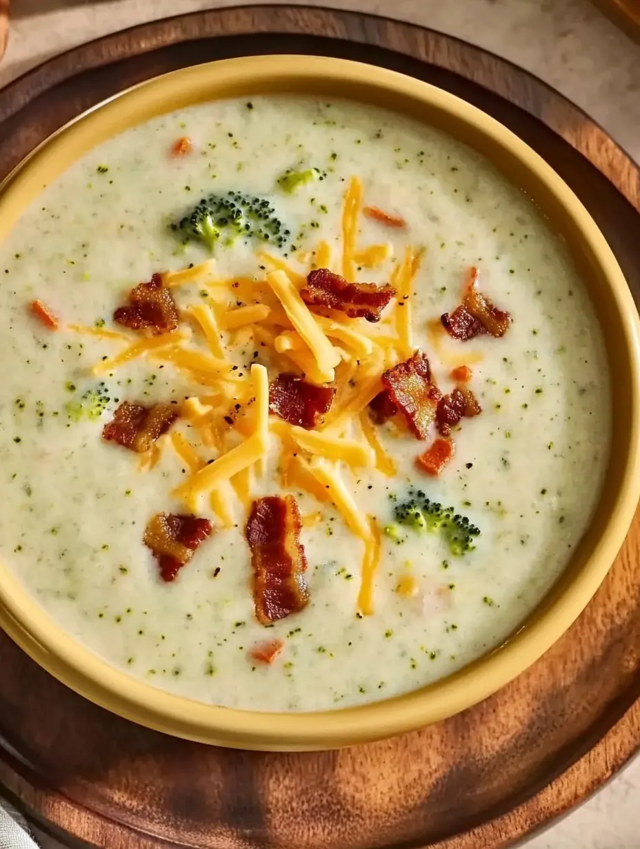 A bowl of soup with cheese and bacon on top.