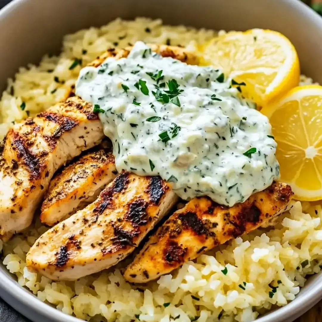 A plate of rice with chicken and a lemon wedge on top.