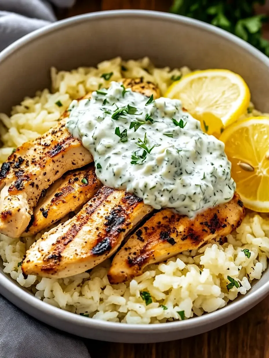 A bowl of rice with chicken and a lemon wedge on top.