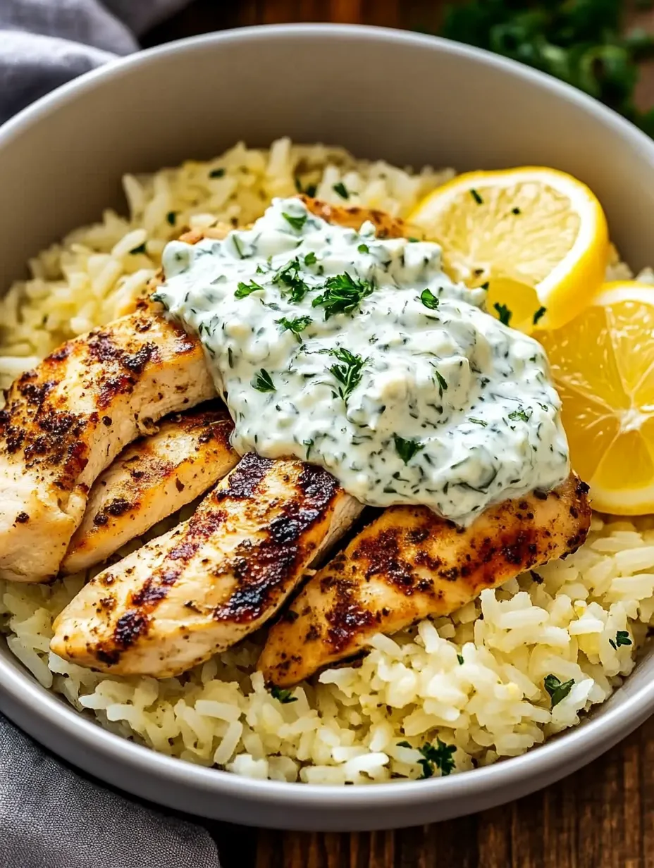 A bowl of rice with chicken and a white sauce on top.