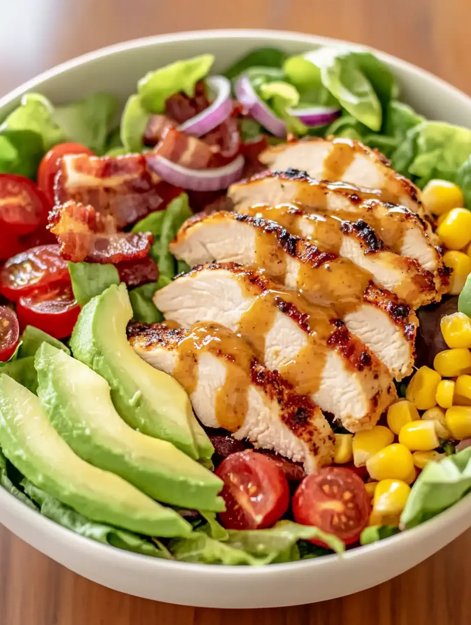A bowl of food with chicken, tomatoes, lettuce, and avocado.