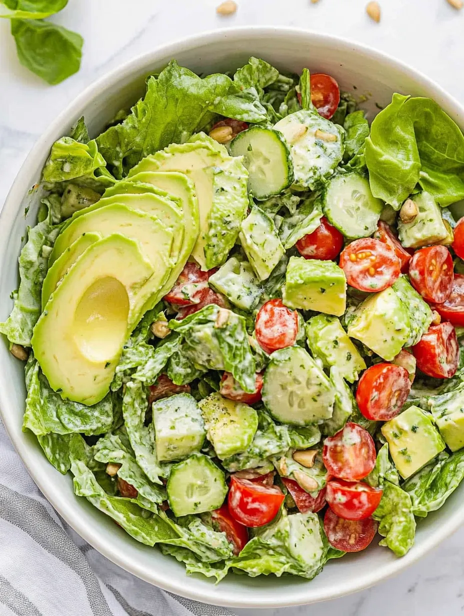 A bowl of salad with avocado, tomatoes, lettuce, and cucumbers.