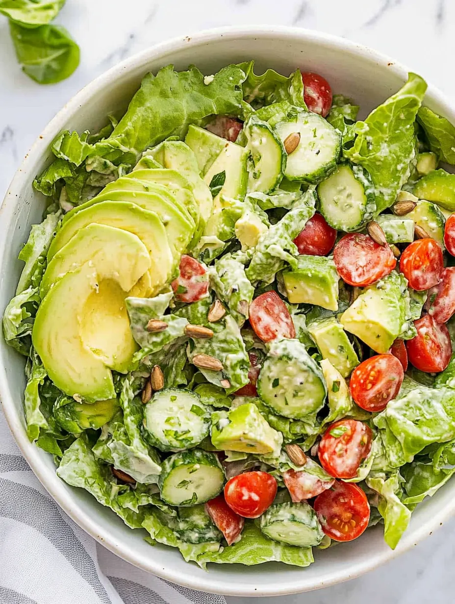 A bowl of salad with avocado, tomatoes, and cucumbers.