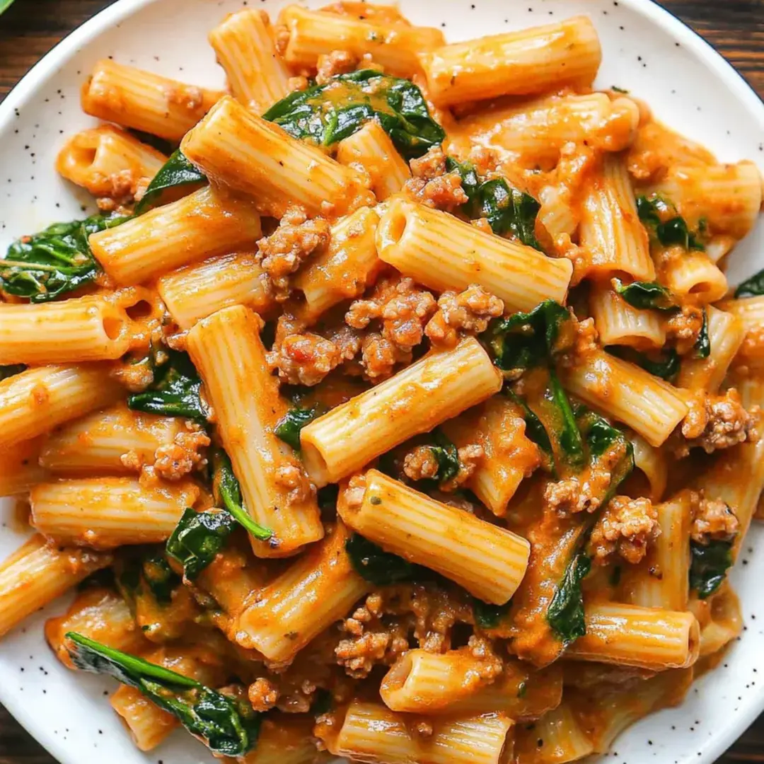 A plate of pasta with meat and greens on it.