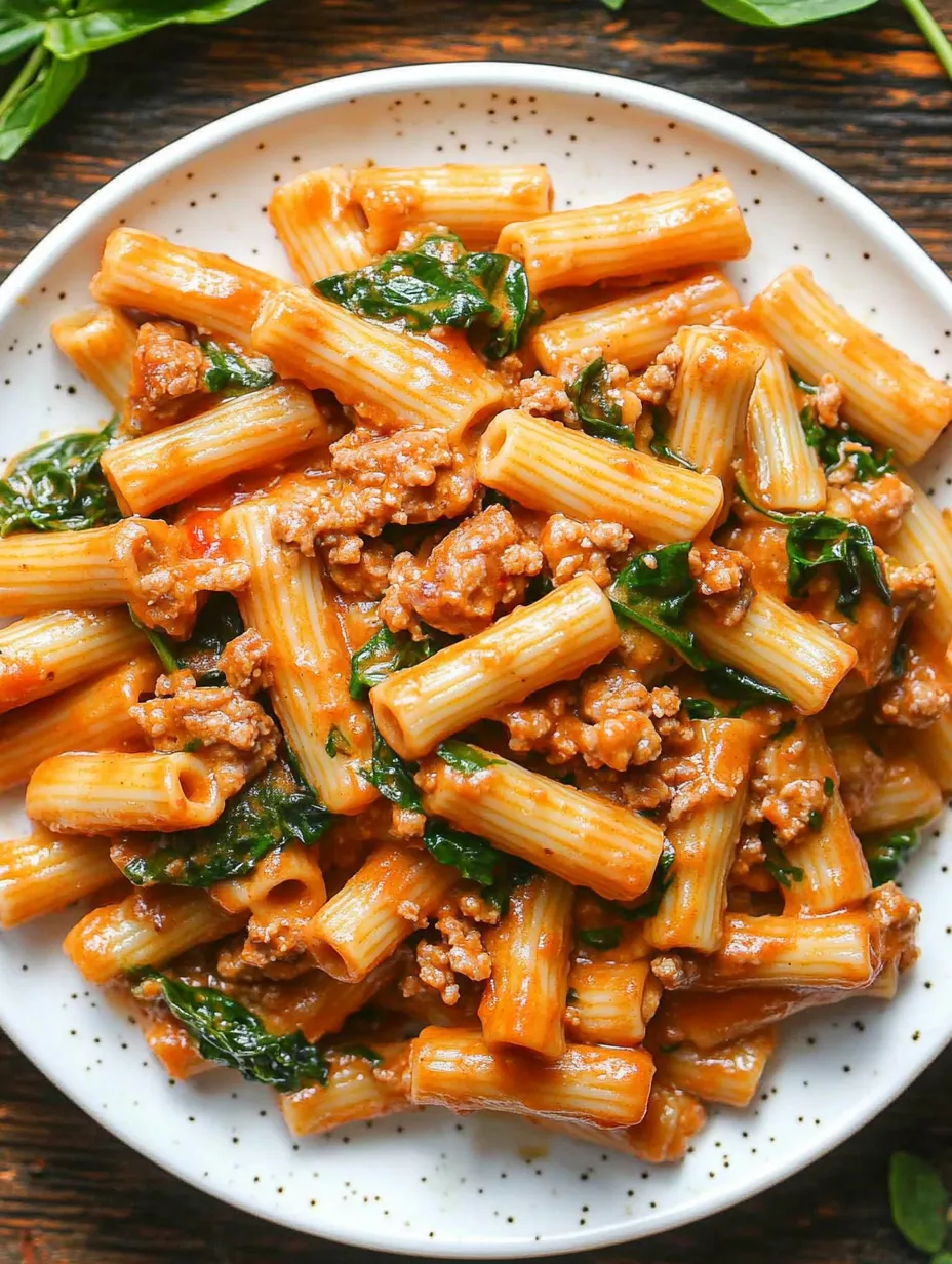 A plate of pasta with meat and greens on it.