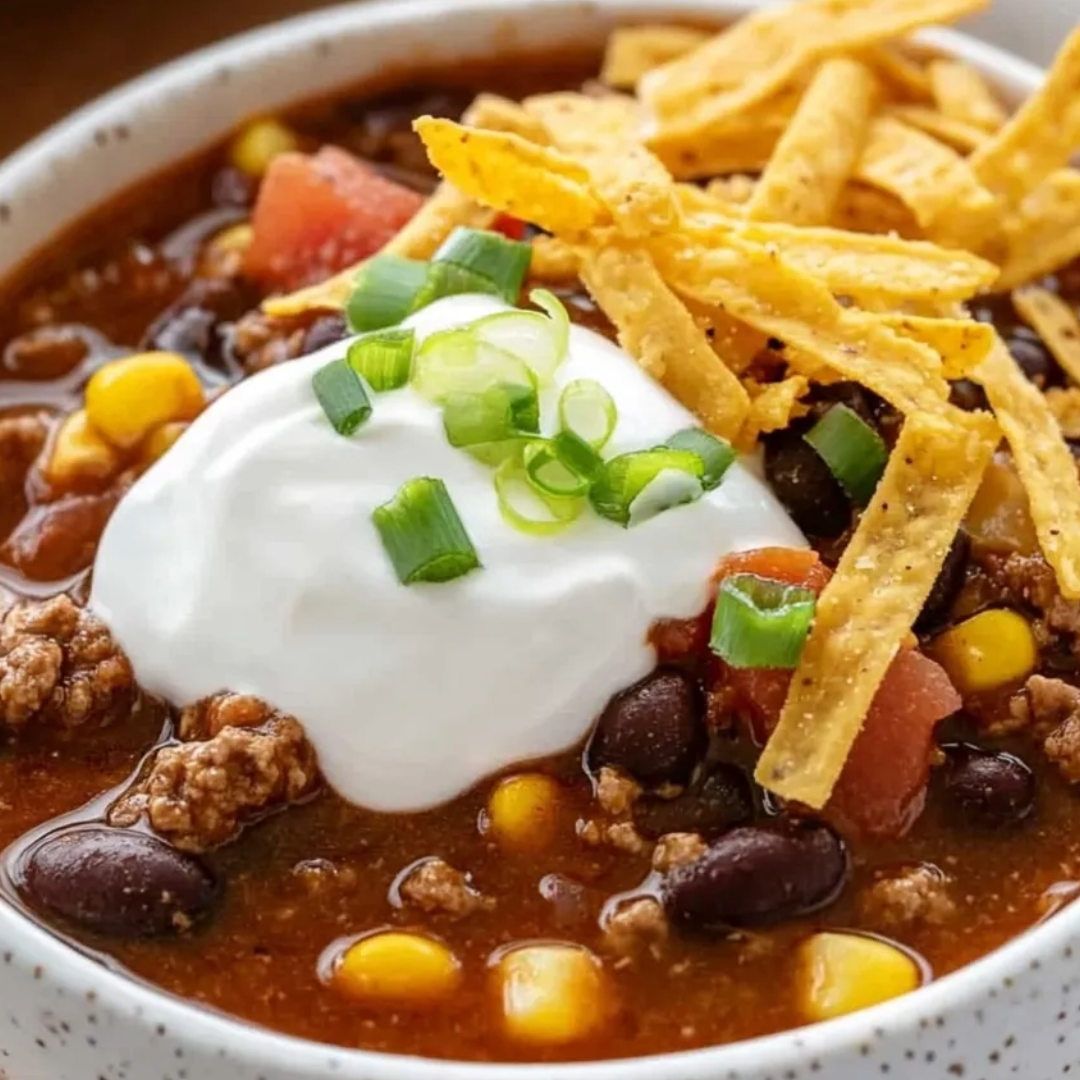 A bowl of chili with a dollop of sour cream on top.