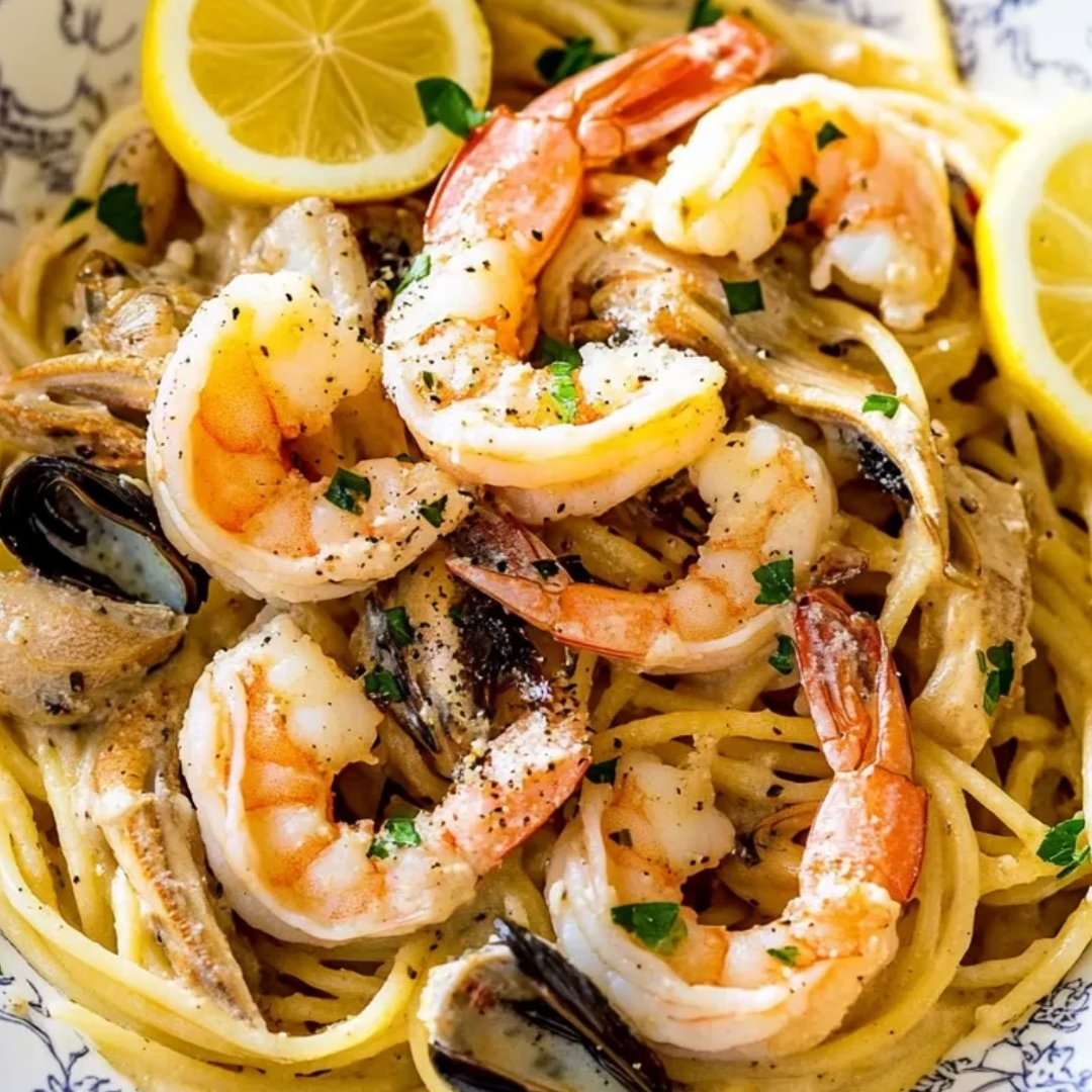 A bowl of pasta with shrimp and lemon slices.