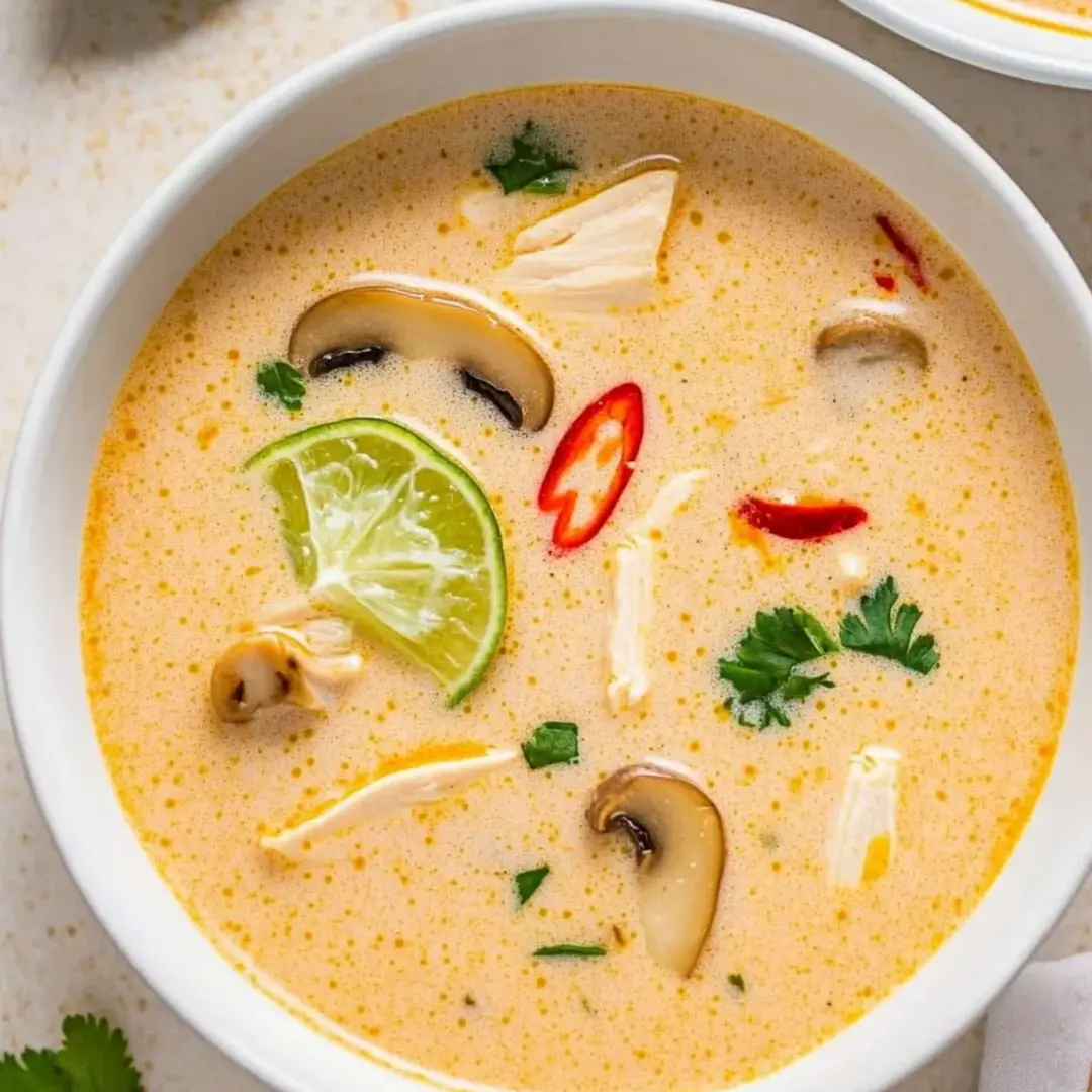 A bowl of soup with mushrooms, lime, and red peppers.