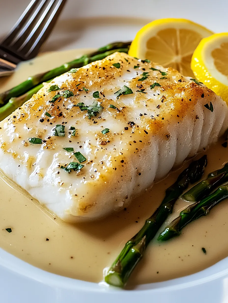 A plate of fish with lemon wedges and asparagus on the side.