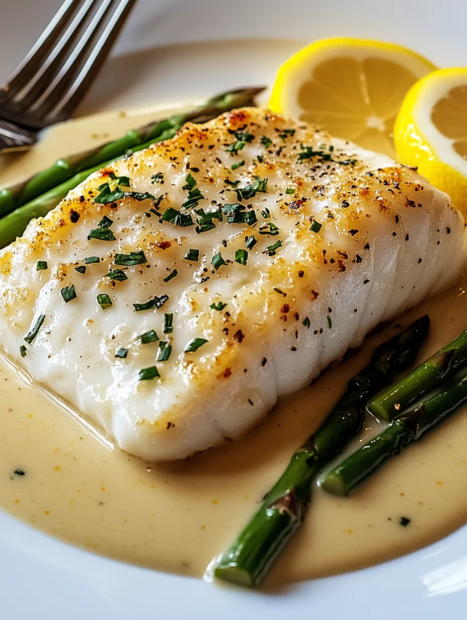 A white fish with green herbs on top, served with a side of asparagus and lemon wedges.
