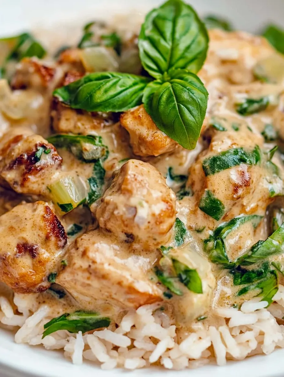 A close up of a delicious meal of rice and meat with green leaves on top.