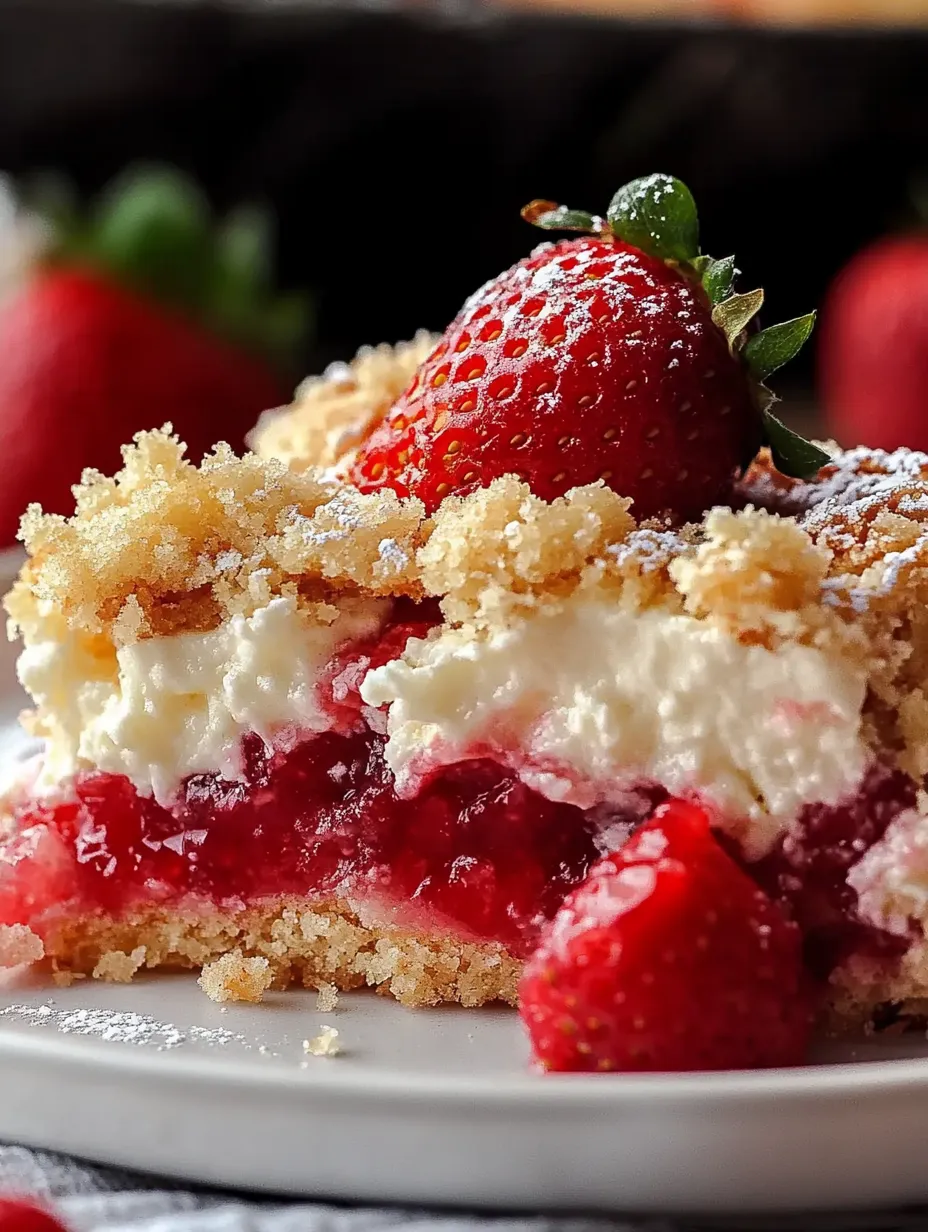 A slice of cake with strawberries on top.