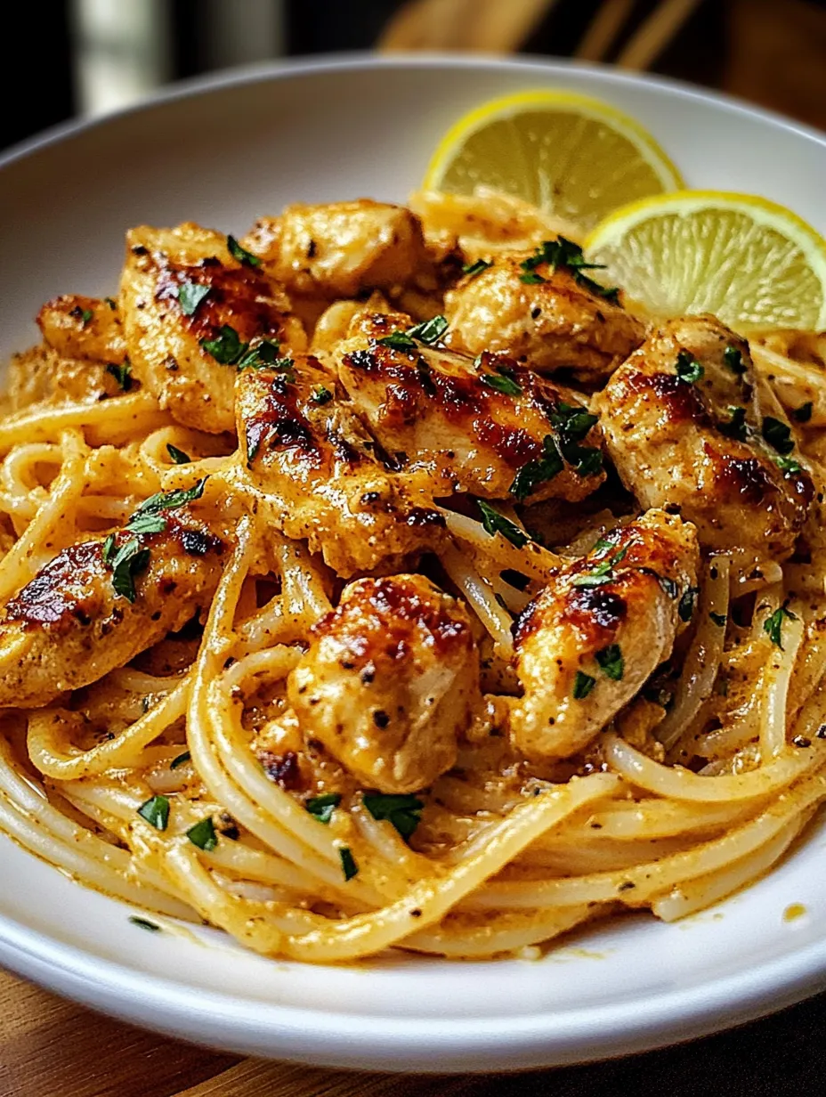 A bowl of pasta with chicken and lemon wedges.
