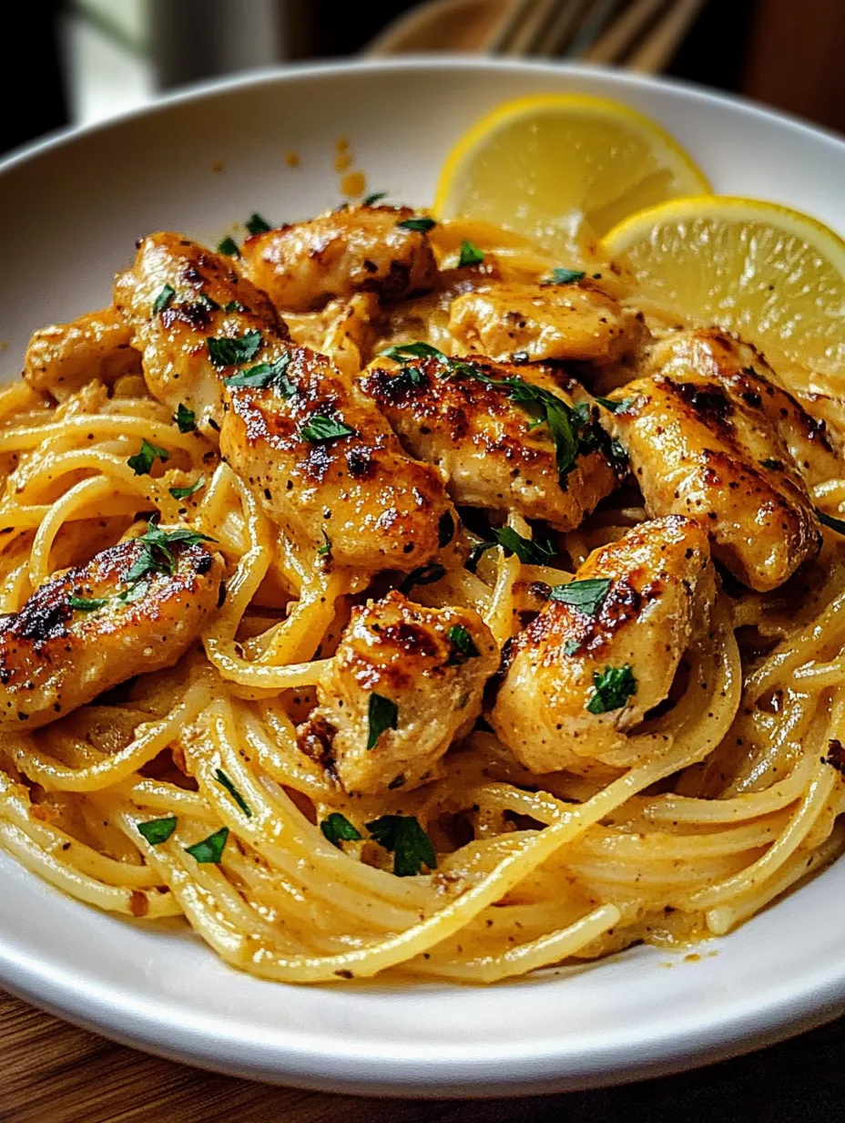 A bowl of pasta with chicken and lemon.