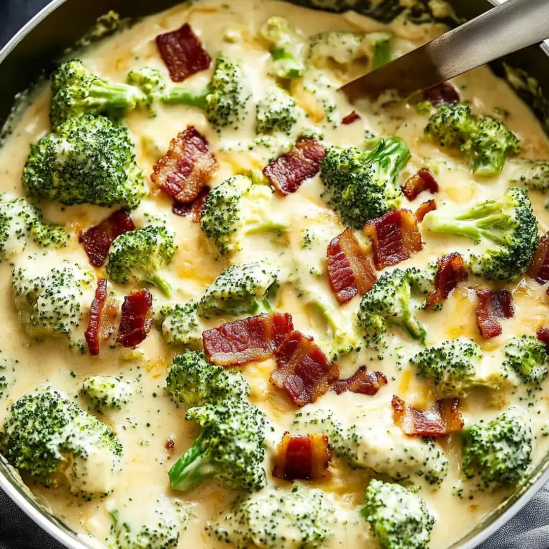 A bowl of food with broccoli and bacon.