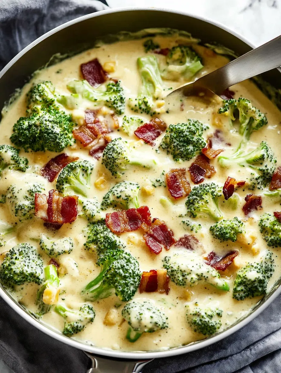 A bowl of soup with broccoli and bacon.