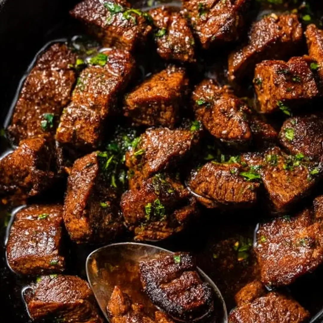 A spoon in a bowl of beef.