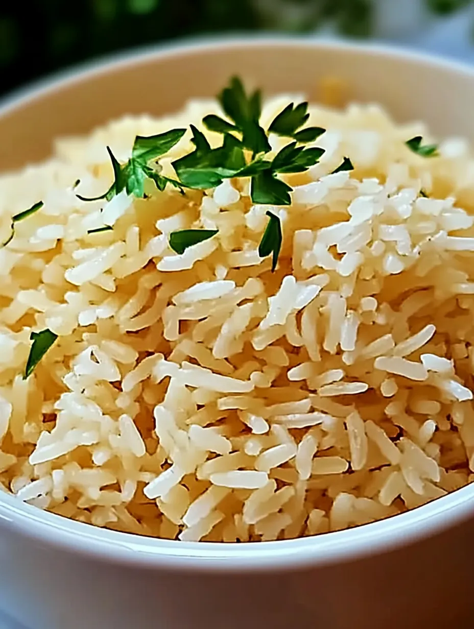 A bowl of rice with a sprig of parsley on top.