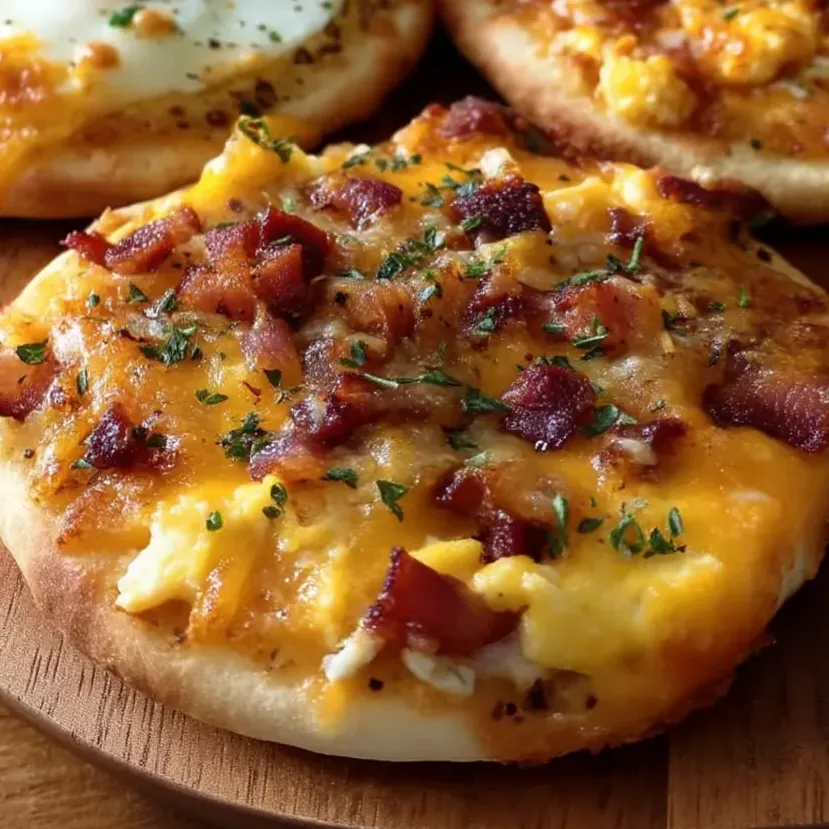 A plate of crispy muffins with cheese and bacon.
