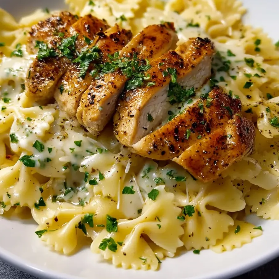 Plate of pasta topped with chicken and fresh herbs.