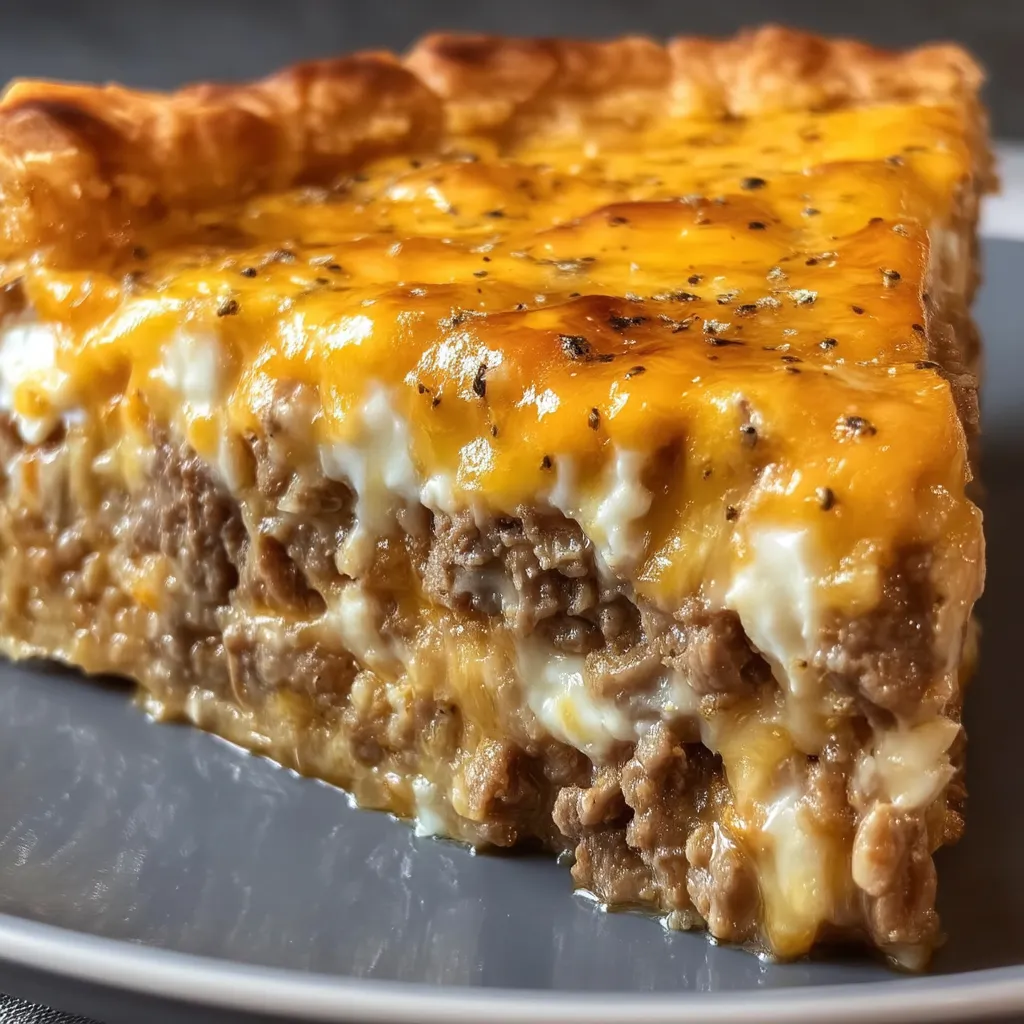 A yummy slice of cheesy meat pie.