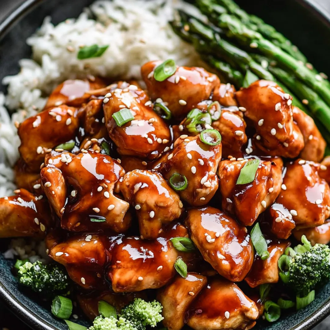 Tender chicken with sticky sauce, rice, and broccoli.