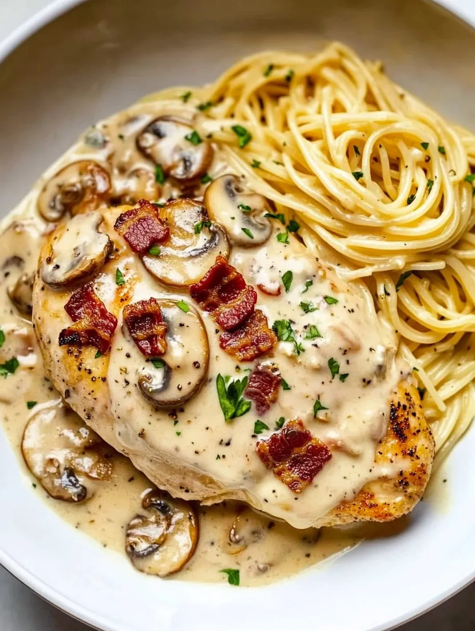 A plate of food with chicken, mushrooms, and noodles.