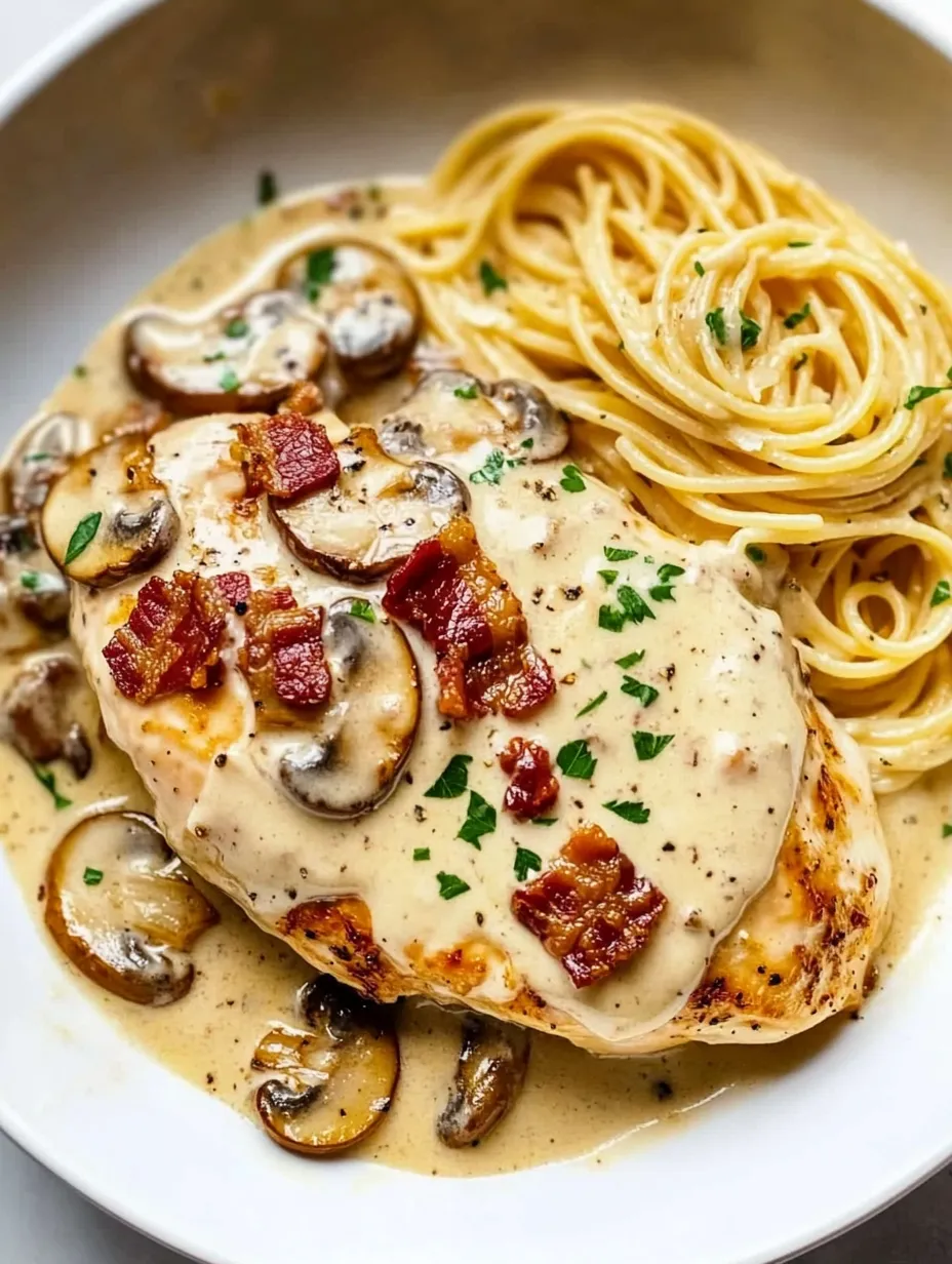 A plate of food with chicken, mushrooms, and pasta.