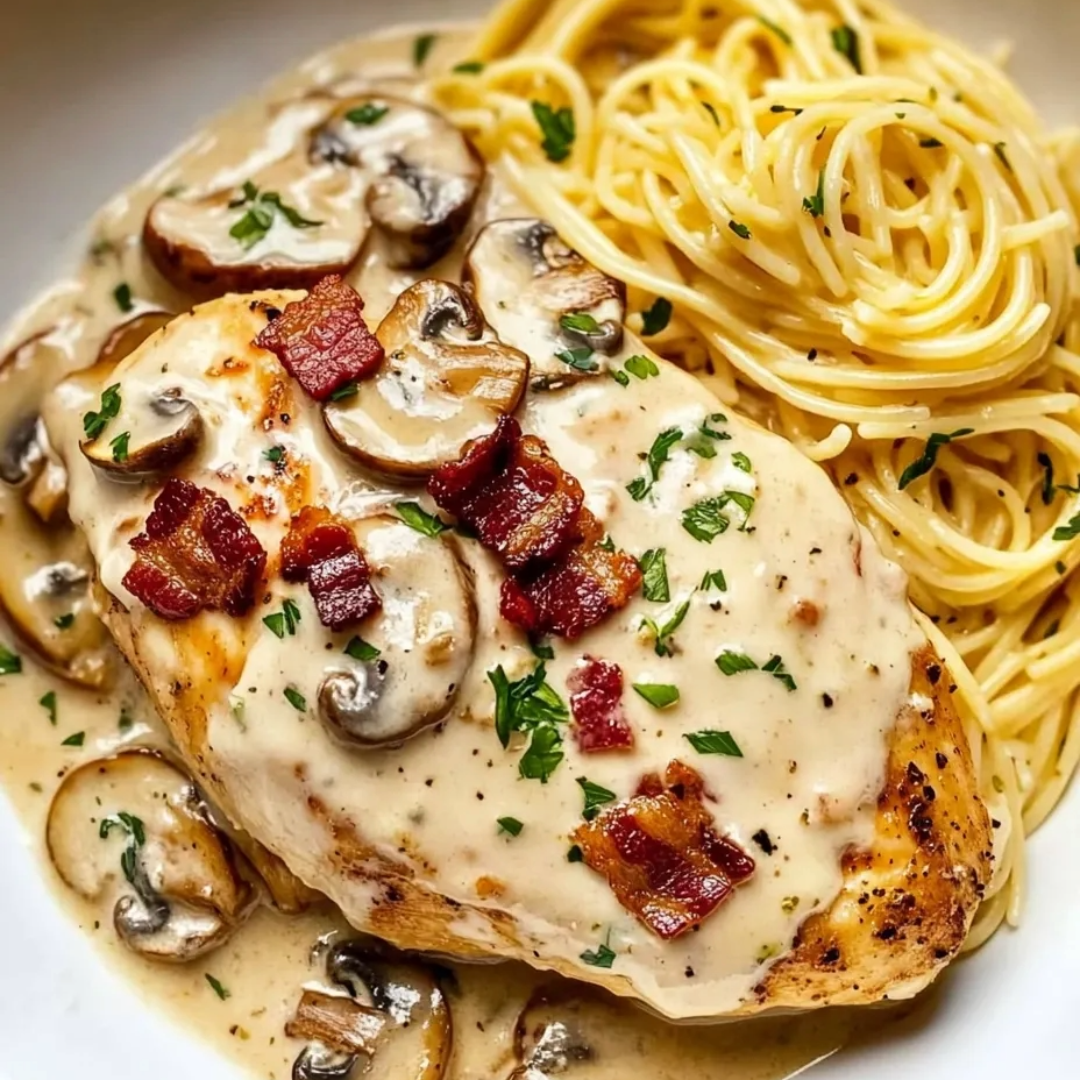 A plate of food with chicken, mushrooms, and pasta.
