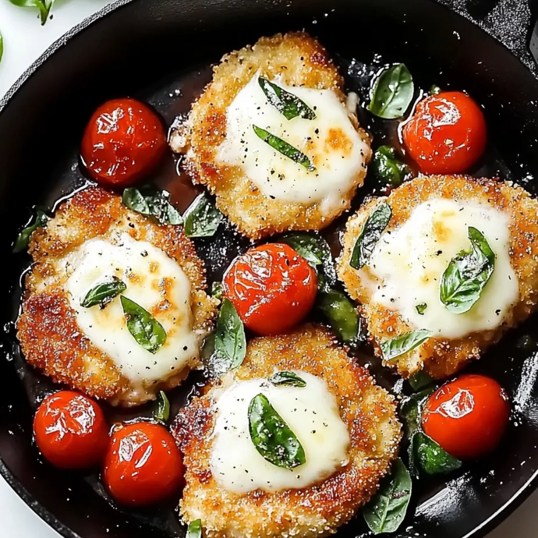 A pan of food with tomatoes and cheese.