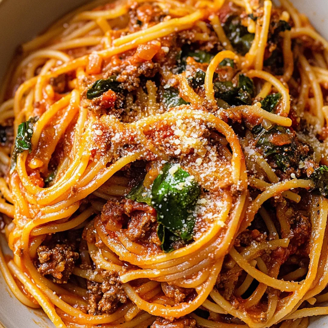 A delicious bowl of spaghetti topped with meaty sauce and fresh herbs.