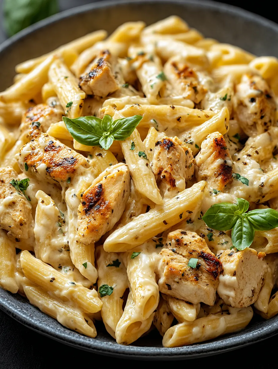 A bowl of delicious pasta with chicken and herbs.