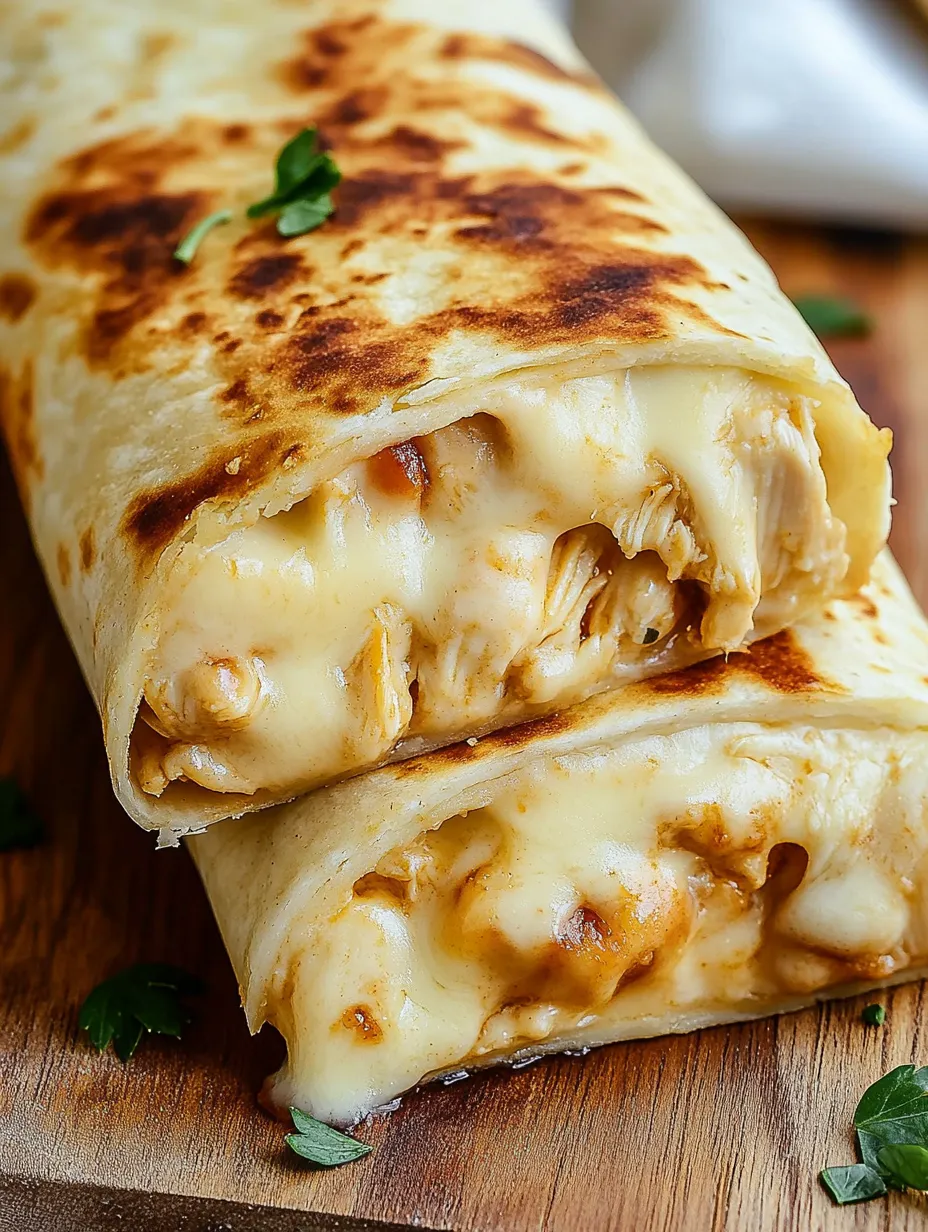 A burrito with chicken and cheese.