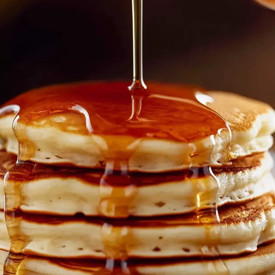 Syrup dripping from a stack of pancakes.