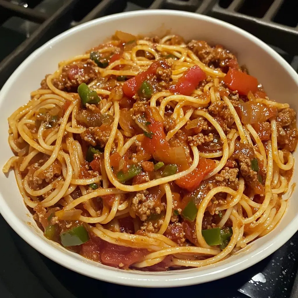 A yummy bowl of spaghetti with meat sauce.