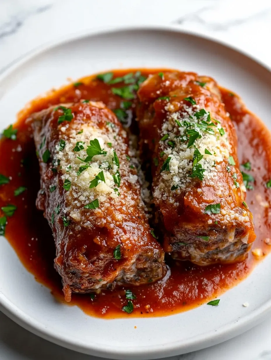 Two meatballs covered in sauce on a plate.