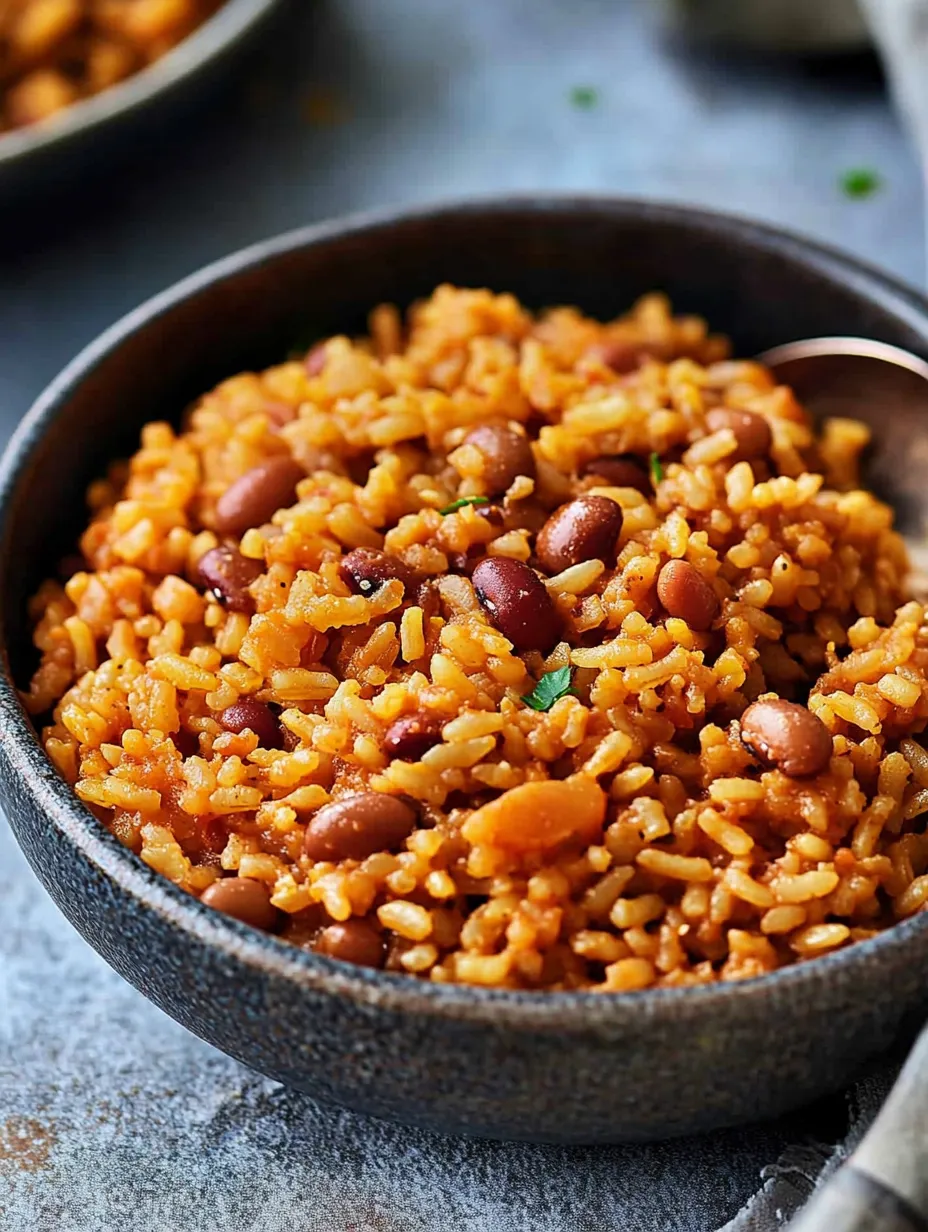 A bowl filled with fluffy rice, beans, and peppers.