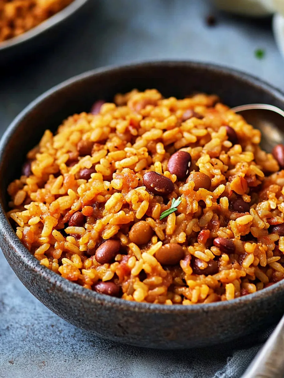 A serving bowl with rice, beans, and green peas.