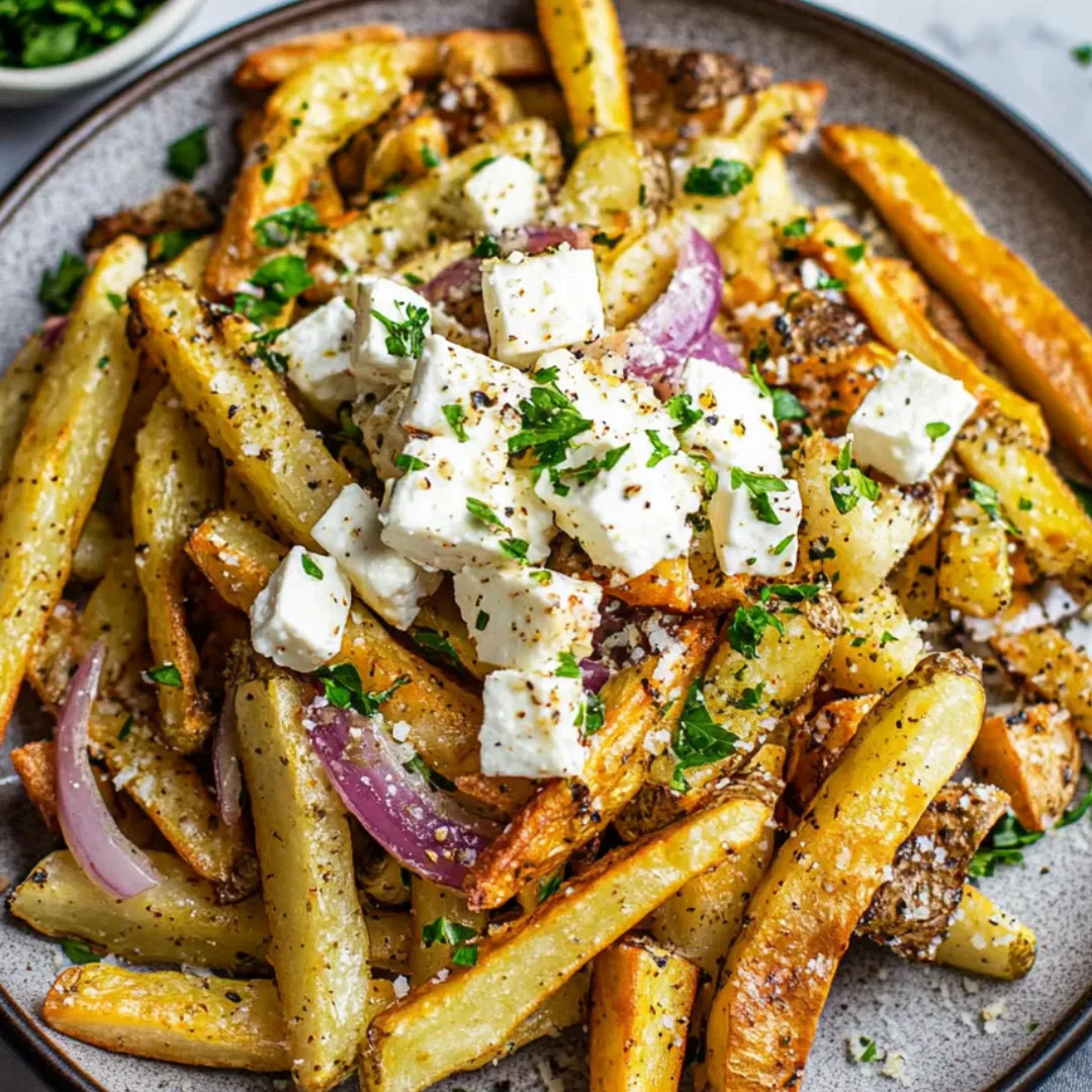 Plate piled high with crispy fries, feta cheese, and onions.
