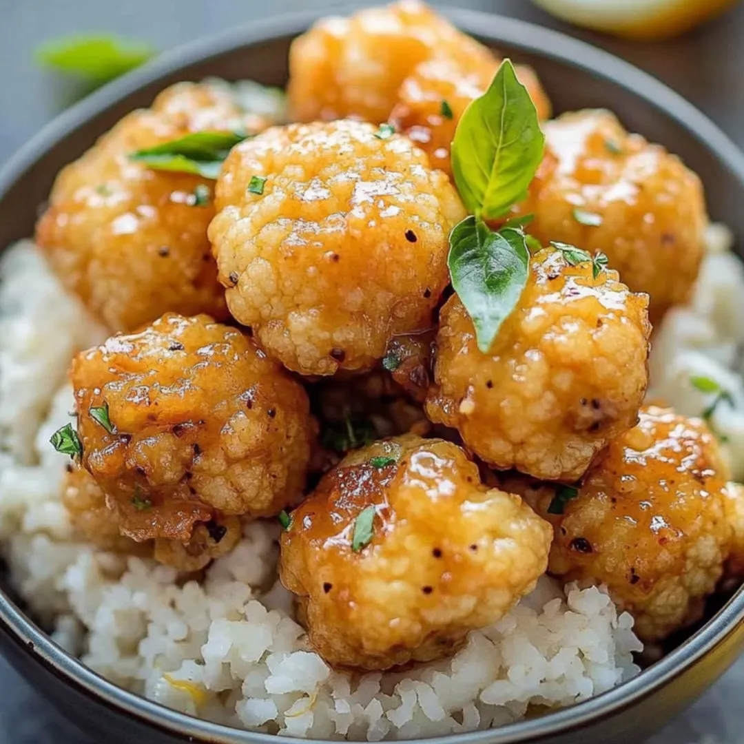 Bowl of rice with cauliflower bites on top.