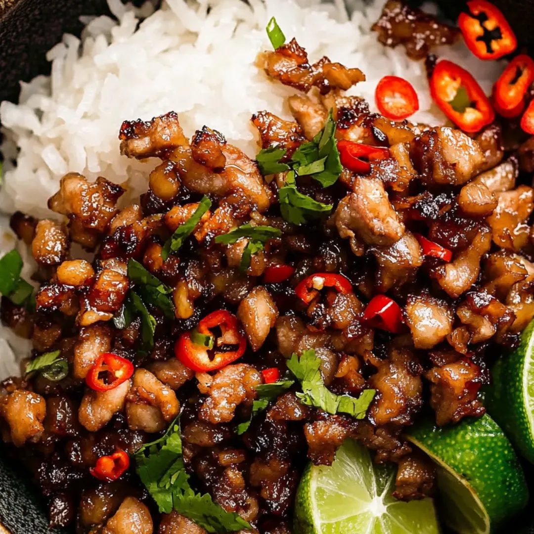 A hearty bowl with fluffy rice and caramel pork.