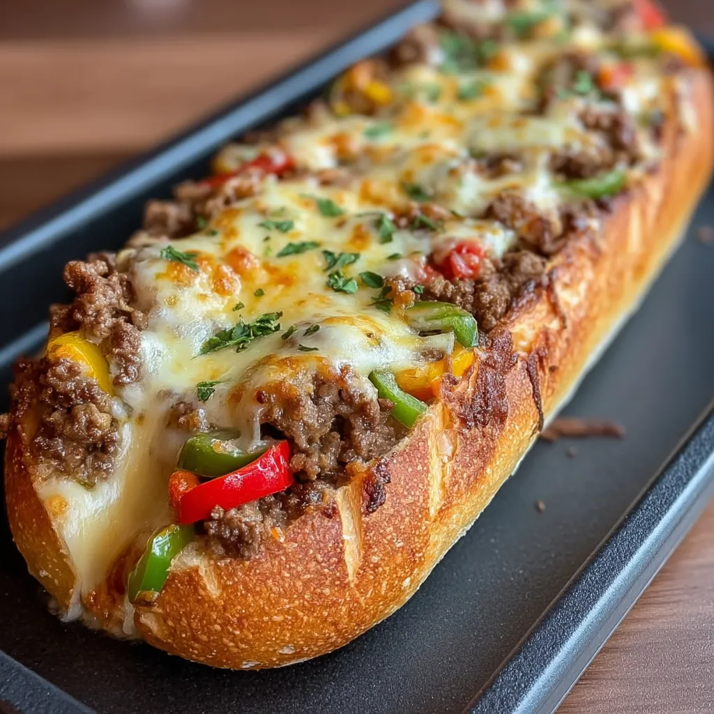 Steak, cheese, and peppers packed into a golden loaf on a black tray.