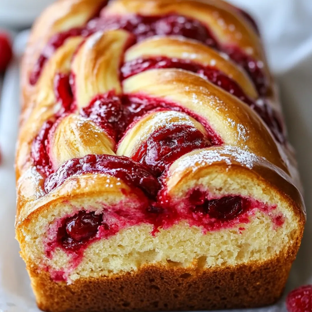 Bread loaf topped with ribbons of raspberry filling.