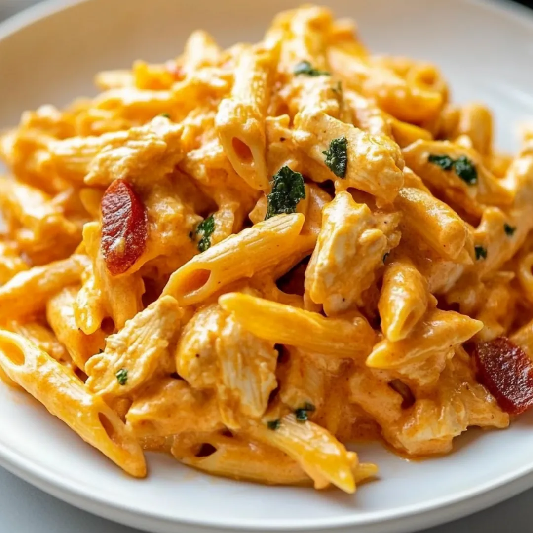 Pasta tossed with chicken and melty cheese.