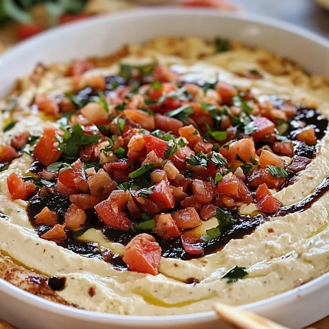 Round bowl of cheesy dip loaded with chunky tomatoes up close.