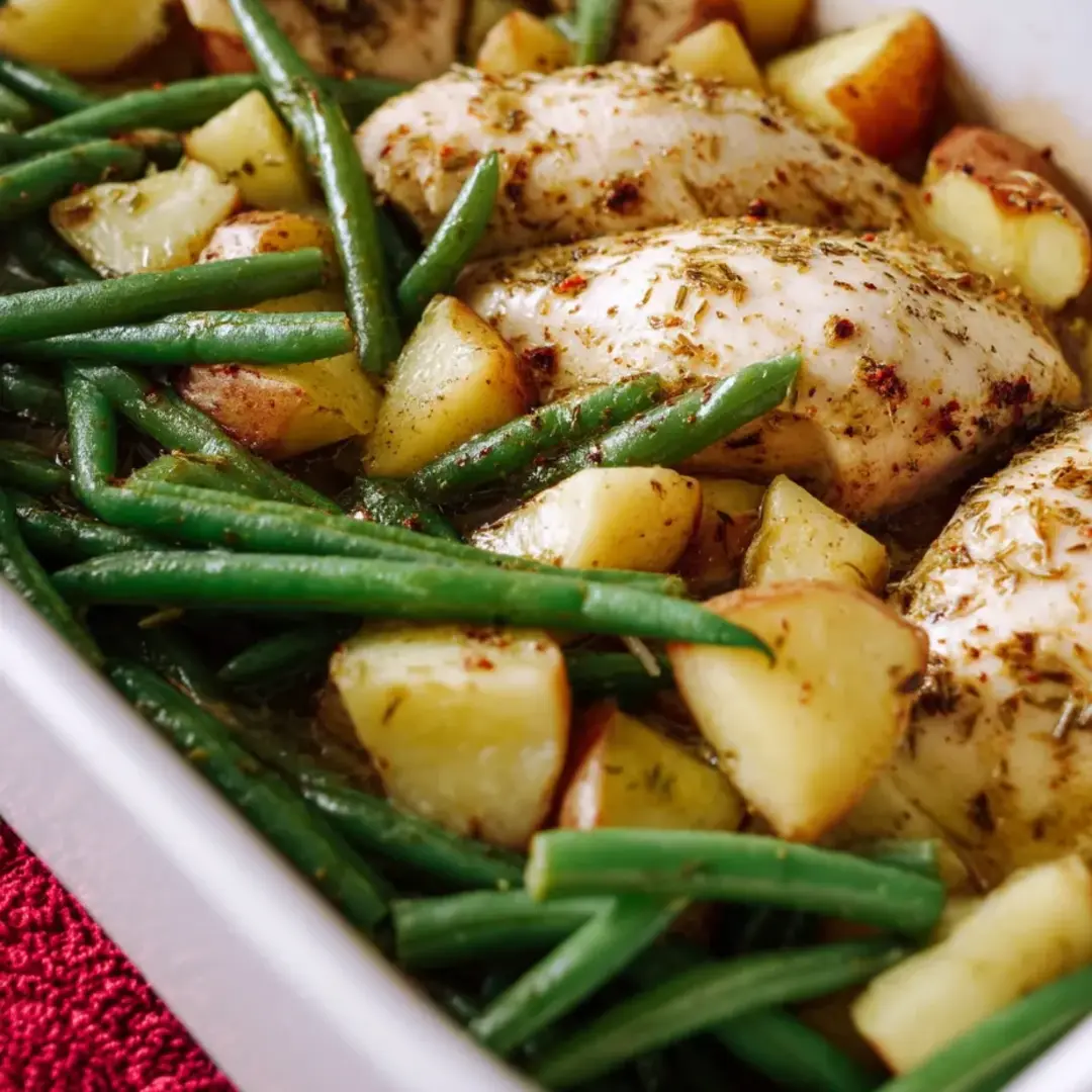 A white bowl filled with chicken, potatoes, and green beans.