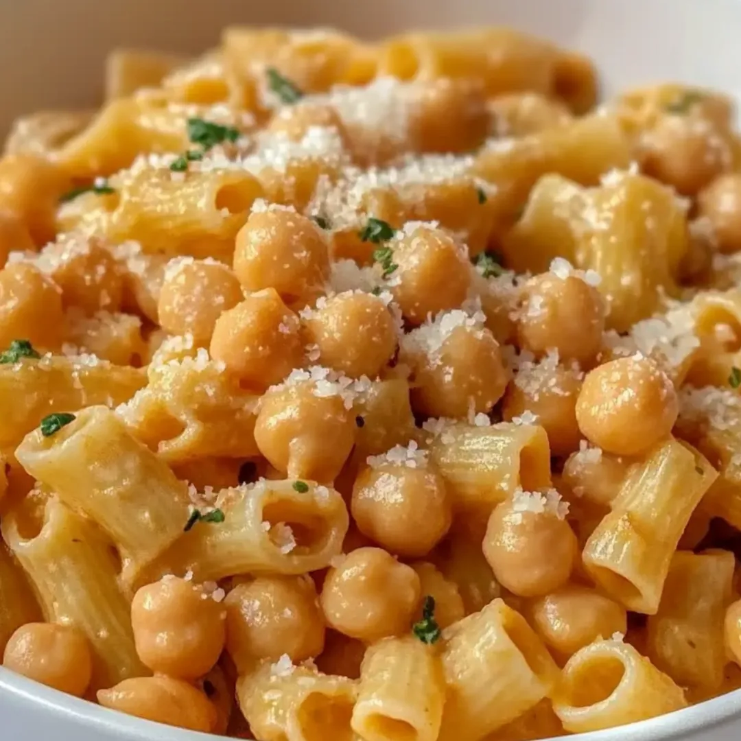 A bowl loaded with pasta and chickpeas.