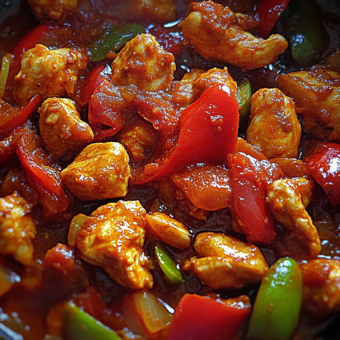 Chicken and bell peppers in a bowl.