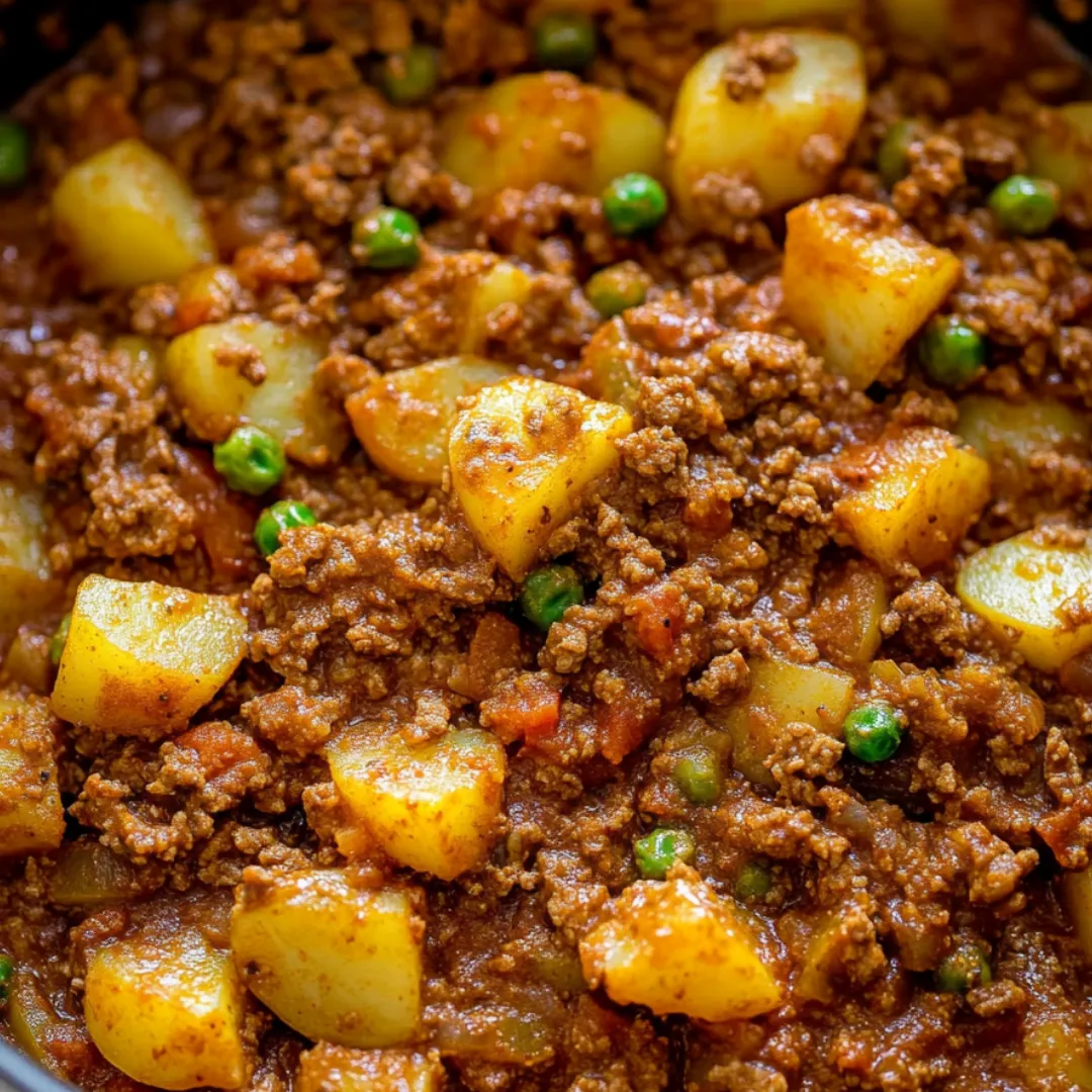A bowl with beef, potatoes, and peas all mixed together.
