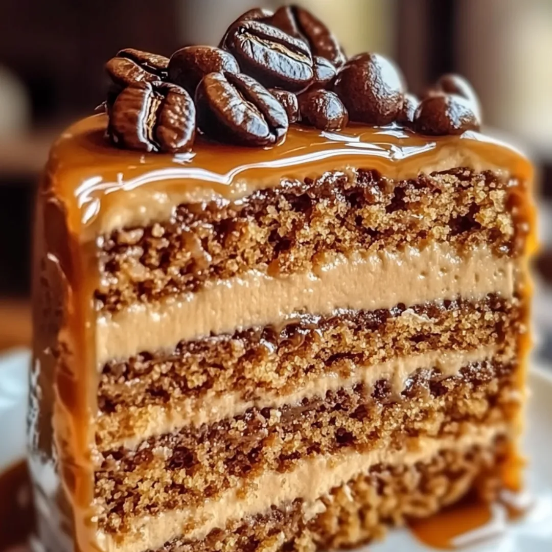Cake slice covered in chocolate with coffee beans scattered on top.